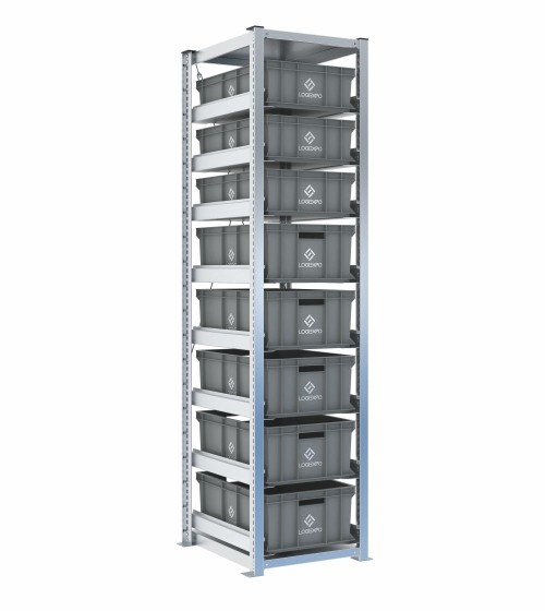 Scaffale H2000 a 1 campata con 8 contenitori Euro 600x400 di altezze 220h e 170h, vista prospettica