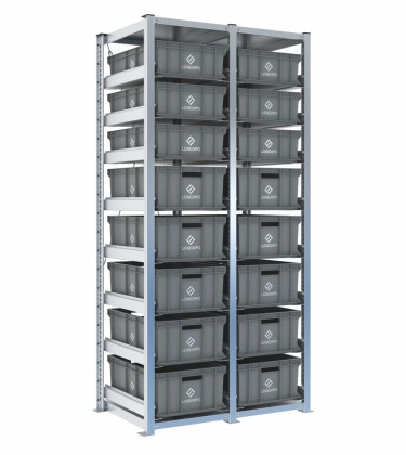 Scaffale H2000 a 2 campate con 16 contenitori Euro 600x400 di altezze 220h e 170h, vista prospettica