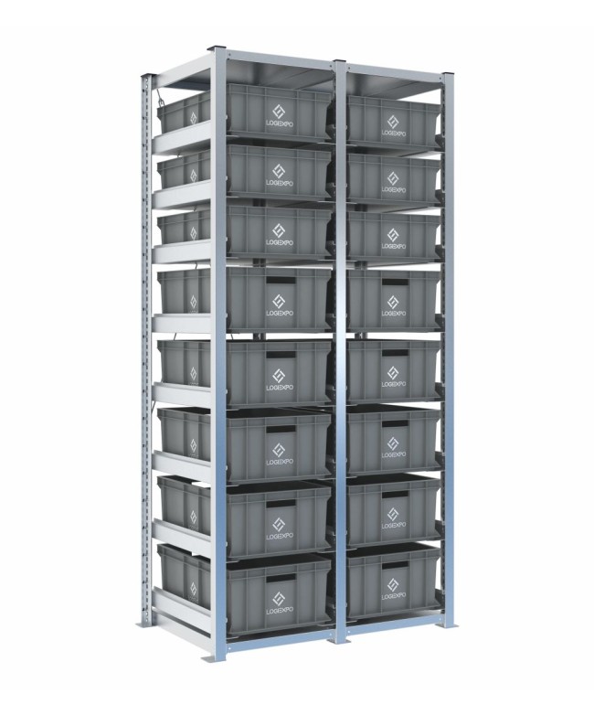 Scaffale H2000 a 2 campate con 16 contenitori Euro 600x400 di altezze 220h e 170h, vista prospettica