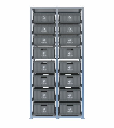 Scaffale H2000 a 2 campate con 16 contenitori Euro 600x400 di altezze 220h e 170h, vista prospettica 2