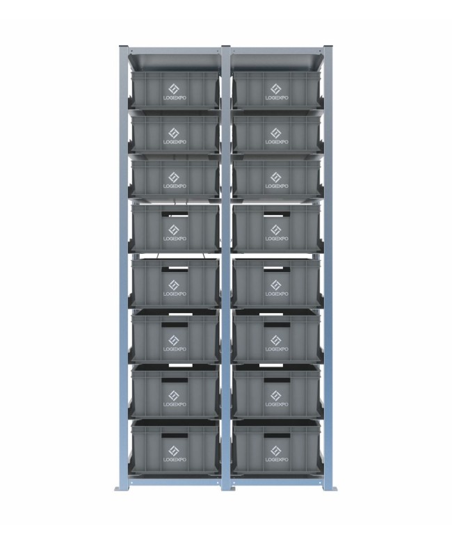 Scaffale H2000 a 2 campate con 16 contenitori Euro 600x400 di altezze 220h e 170h, vista frontale