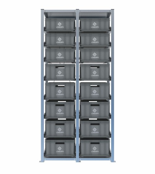 Scaffale H2000 a 2 campate con 16 contenitori Euro 600x400 di altezze 220h e 170h, vista frontale
