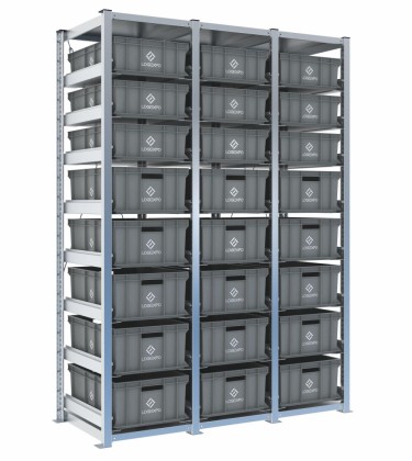 Scaffale H2000 a 3 campate con 24 contenitori Euro 600x400 di altezze 220h e 170h, vista prospettica