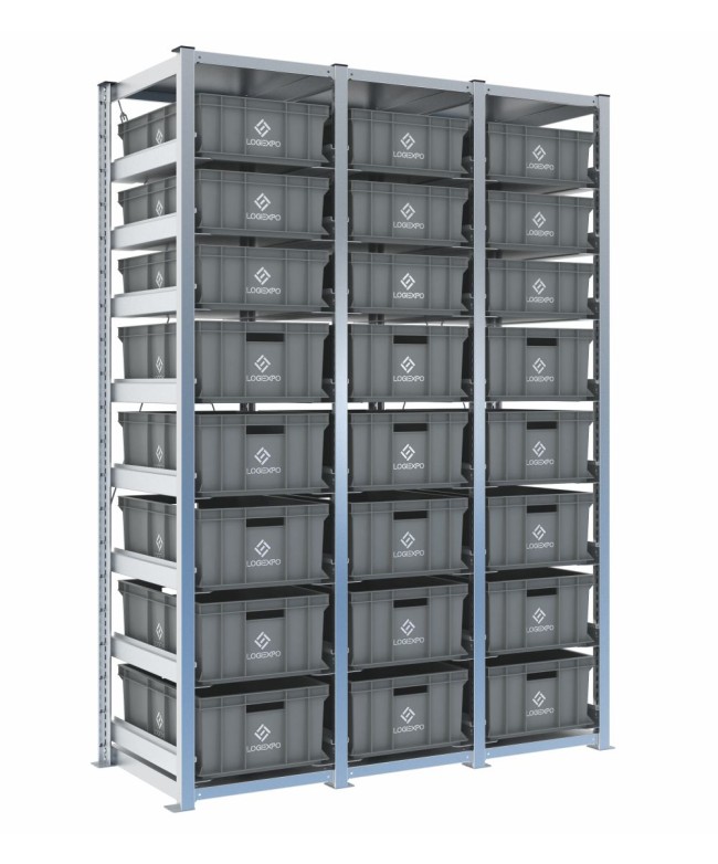 Scaffale H2000 a 3 campate con 24 contenitori Euro 600x400 di altezze 220h e 170h, vista prospettica
