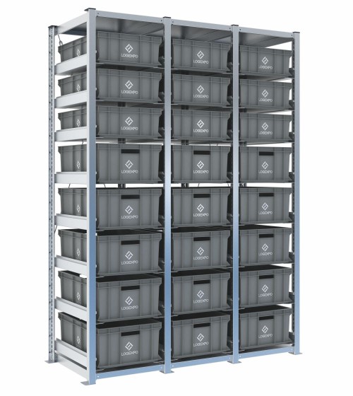 Scaffale H2000 a 3 campate con 24 contenitori Euro 600x400 di altezze 220h e 170h, vista prospettica
