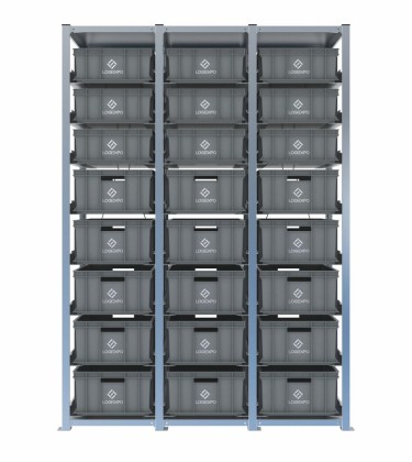 Scaffale H2000 a 3 campate con 24 contenitori Euro 600x400 di altezze 220h e 170h, vista prospettica 2