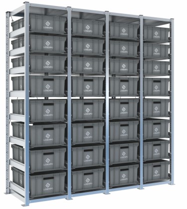 Scaffale H2000 a 4 campate con 32 contenitori Euro 600x400 di altezze 220h e 170h, vista prospettica