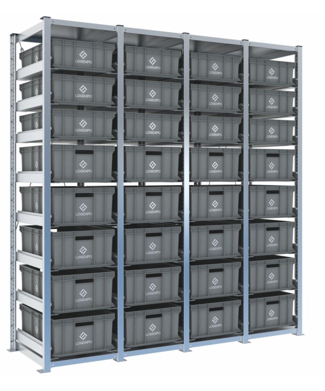 Scaffale H2000 a 4 campate con 32 contenitori Euro 600x400 di altezze 220h e 170h, vista prospettica