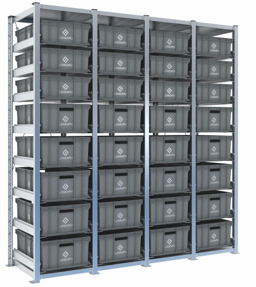 Scaffale H2000 a 4 campate con 32 contenitori Euro 600x400 di altezze 220h e 170h, vista prospettica