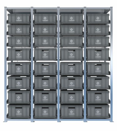 Scaffale H2000 a 4 campate con 32 contenitori Euro 600x400 di altezze 220h e 170h, vista prospettica 2