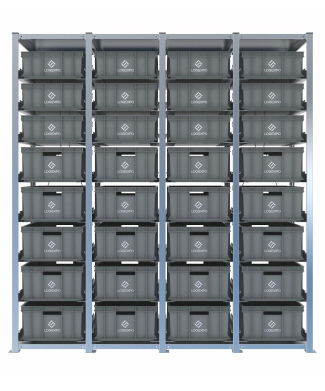 Scaffale H2000 a 4 campate con 32 contenitori Euro 600x400 di altezze 220h e 170h, vista frontale