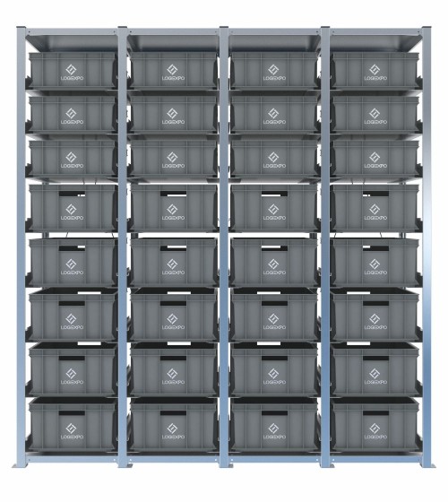 Scaffale H2000 a 4 campate con 32 contenitori Euro 600x400 di altezze 220h e 170h, vista frontale