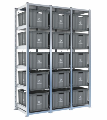 Scaffale H2000 a 3 campate con 15 contenitori Euro 600x400x320h, vista prospettica