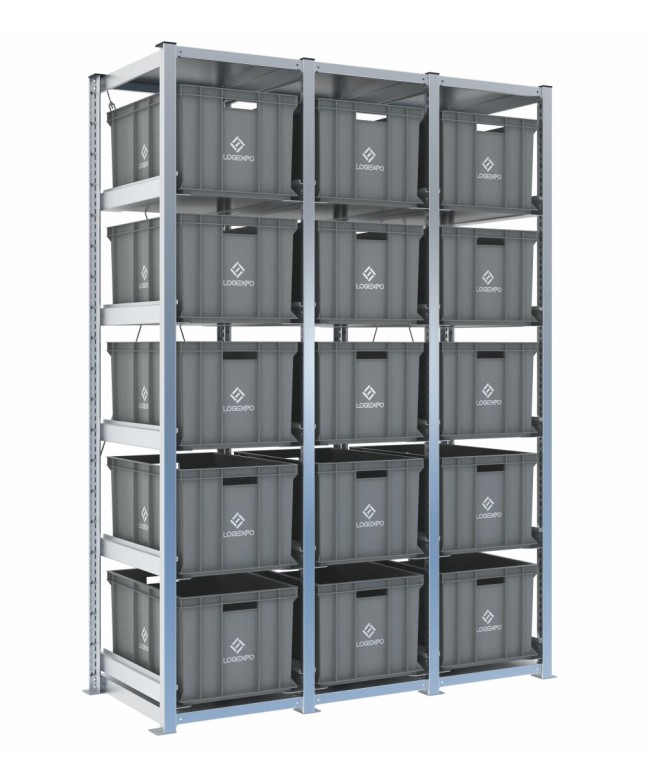 Scaffale H2000 a 3 campate con 15 contenitori Euro 600x400x320h, vista prospettica