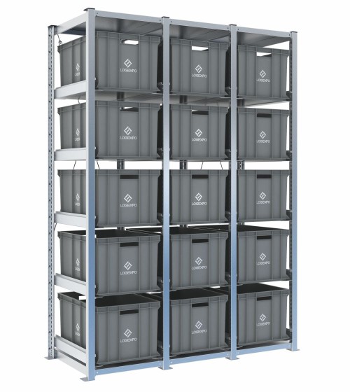 Scaffale H2000 a 3 campate con 15 contenitori Euro 600x400x320h, vista prospettica