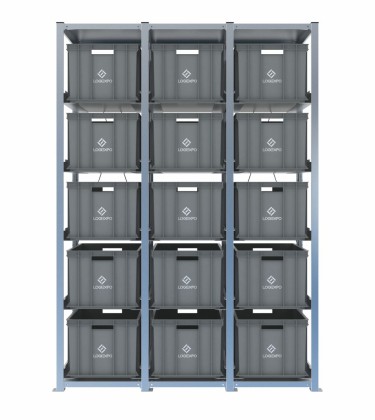 Scaffale H2000 a 3 campate con 15 contenitori Euro 600x400x320h, vista prospettica 2