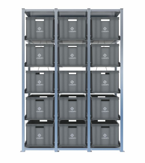 Scaffale H2000 a 3 campate con 15 contenitori Euro 600x400x320h, vista frontale