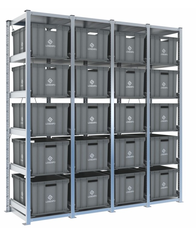 Scaffale H2000 a 4 campate con 20 contenitori Euro 600x400x320h, vista prospettica