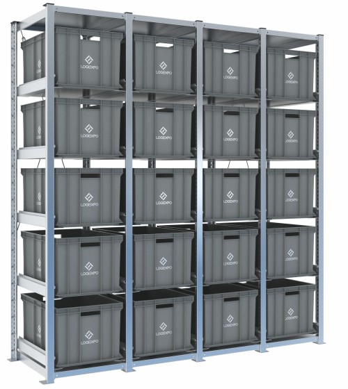 Scaffale H2000 a 4 campate con 20 contenitori Euro 600x400x320h, vista prospettica