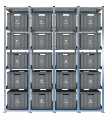 Scaffale H2000 a 4 campate con 20 contenitori Euro 600x400x320h, vista prospettica 2