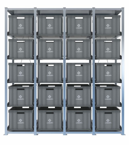 Scaffale H2000 a 4 campate con 20 contenitori Euro 600x400x320h, vista frontale