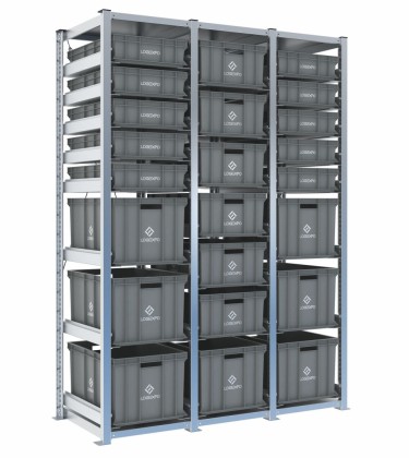 Scaffale H2000 a 3 campate con 23 contenitori Euro 600x400 misti da 130, 220 e 320 mm, vista prospettica