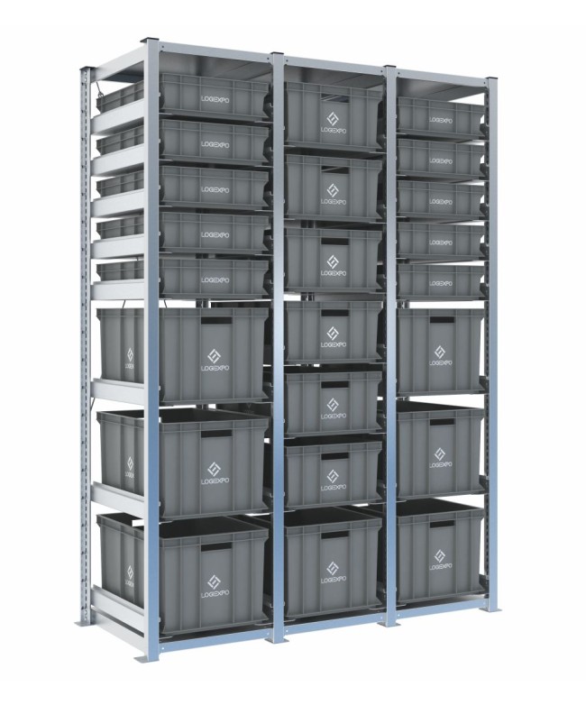 Scaffale H2000 a 3 campate con 23 contenitori Euro 600x400 misti da 130, 220 e 320 mm, vista prospettica