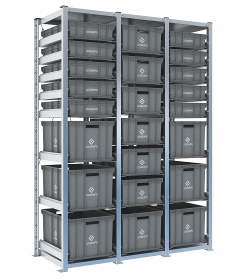 Scaffale H2000 a 3 campate con 23 contenitori Euro 600x400 misti da 130, 220 e 320 mm, vista prospettica