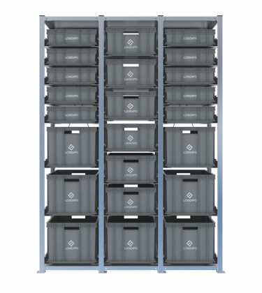 Scaffale H2000 a 3 campate con 23 contenitori Euro 600x400 misti da 130, 220 e 320 mm, vista prospettica 2