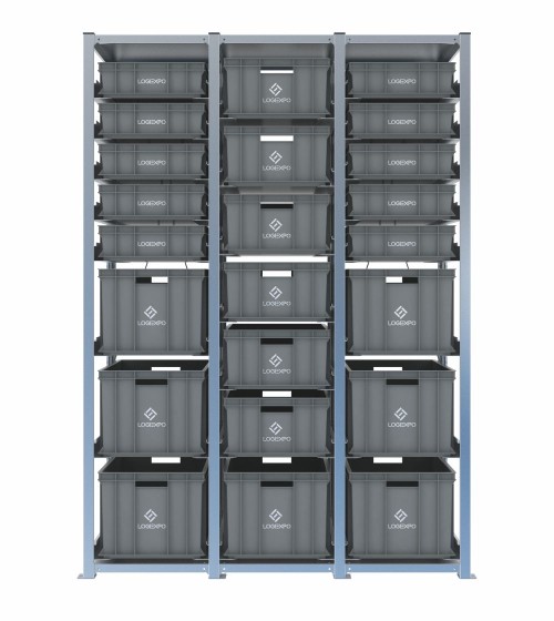Scaffale H2000 a 3 campate con 23 contenitori Euro 600x400 misti da 130, 220 e 320 mm, vista frontale