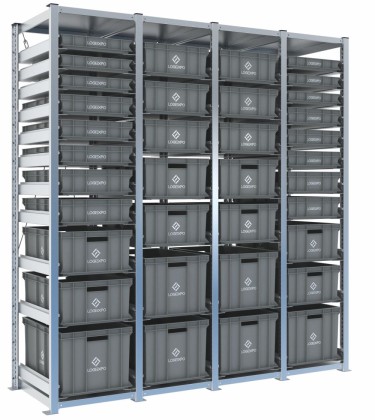 Scaffale H2000 a 4 campate con 36 contenitori Euro 600x400 di altezze 320h, 220h, 170h, 130h, 100h e 70h, vista prospettica