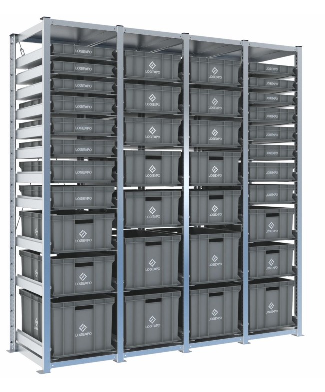Scaffale H2000 a 4 campate con 36 contenitori Euro 600x400 di altezze 320h, 220h, 170h, 130h, 100h e 70h, vista prospettica