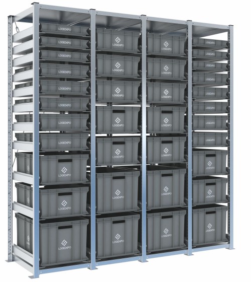 Scaffale H2000 a 4 campate con 36 contenitori Euro 600x400 di altezze 320h, 220h, 170h, 130h, 100h e 70h, vista prospettica