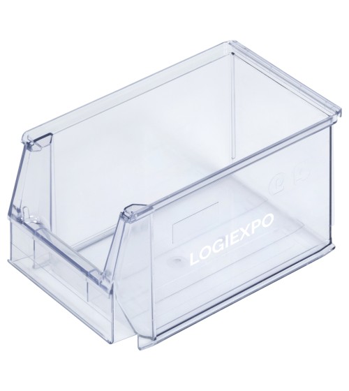 Contenitore in plastica trasparente a bocca di lupo con dimensioni 150x230x130h