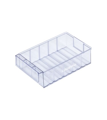 Contenitore portaminuteria di mm 183x400x81h in plastica trasparente per scaffali con ripiani profondi 300 mm