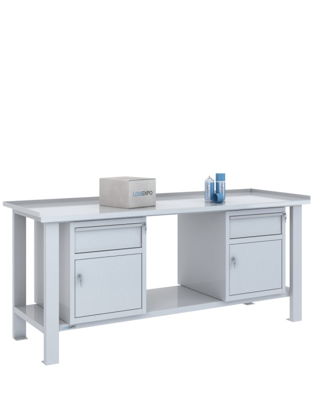 TAVOLO OFFICINA 2000x700x860h con 2 cassetti e 2 sportelli