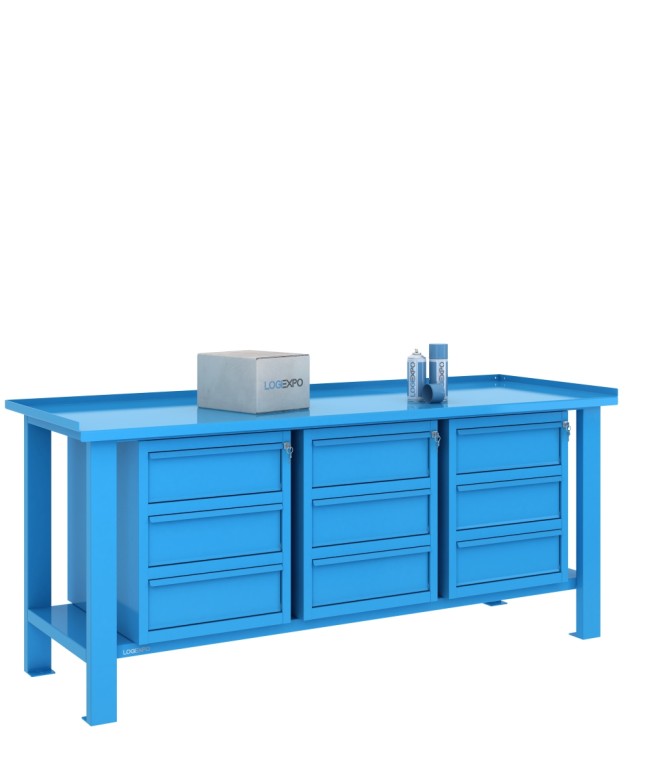 TAVOLO OFFICINA 2000x700x860h con 9 cassetti