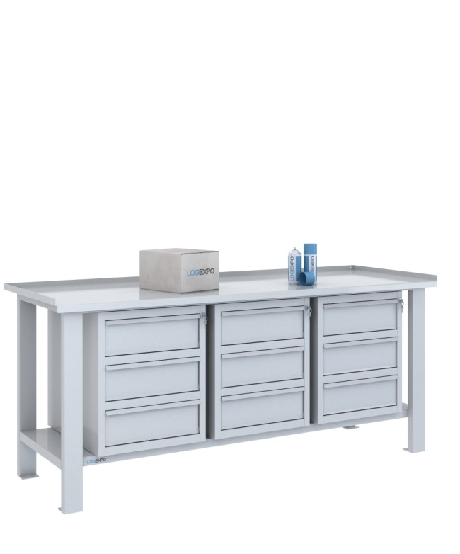 TAVOLO OFFICINA 2000x700x860h con 9 cassetti