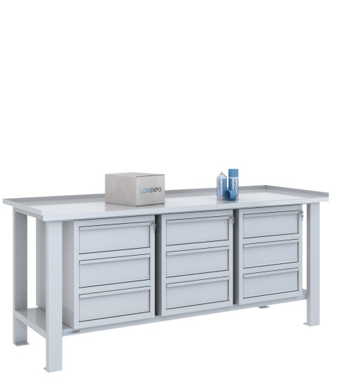 TAVOLO OFFICINA 2000x700x860h con 9 cassetti