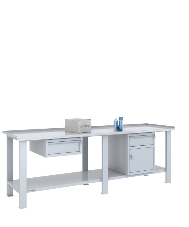 TAVOLO OFFICINA 2500x700x860h con 2 cassetti e 1 sportello