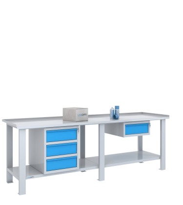 Tavolo da lavoro per officina 2500x700 con quattro cassetti in due moduli, versione bicolore