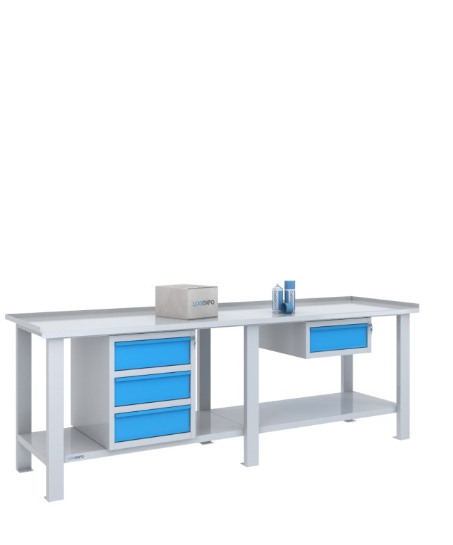 Tavolo da lavoro per officina 2500x700 con quattro cassetti in due moduli, versione bicolore