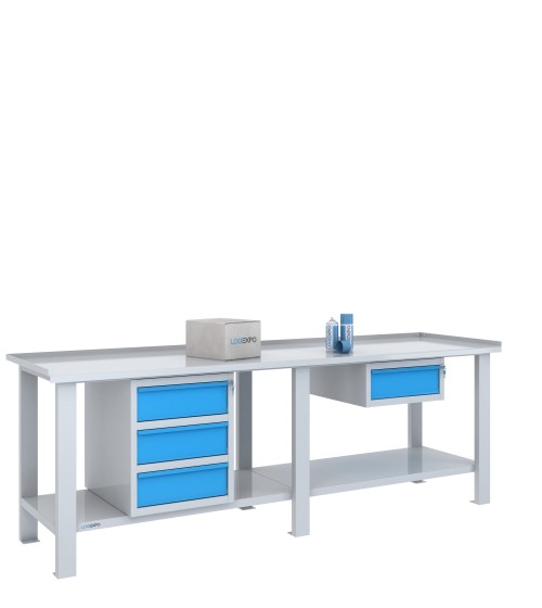 Tavolo da lavoro per officina 2500x700 con quattro cassetti in due moduli, versione bicolore