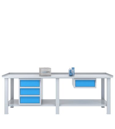 Tavolo da lavoro per officina 2500x700 con quattro cassetti in due moduli, versione bicolore 2