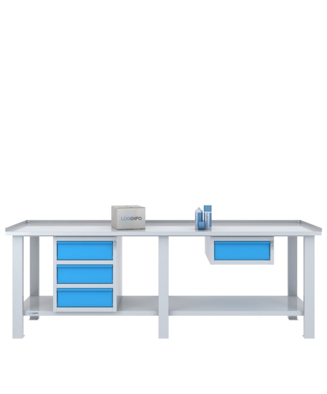 Tavolo da lavoro 2500x700 con cassettiera a tre cassetti e cassetto sospeso separato