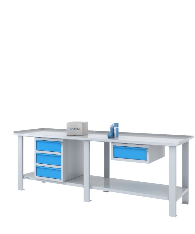 Tavolo per officina da 2500 mm con due campate attrezzate e quattro cassetti complessivi