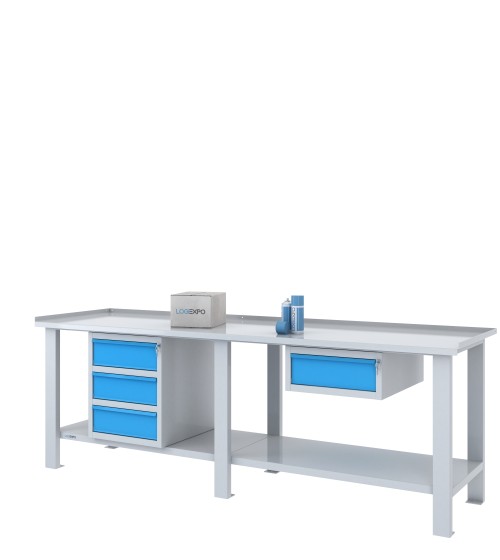 Tavolo per officina da 2500 mm con due campate attrezzate e quattro cassetti complessivi