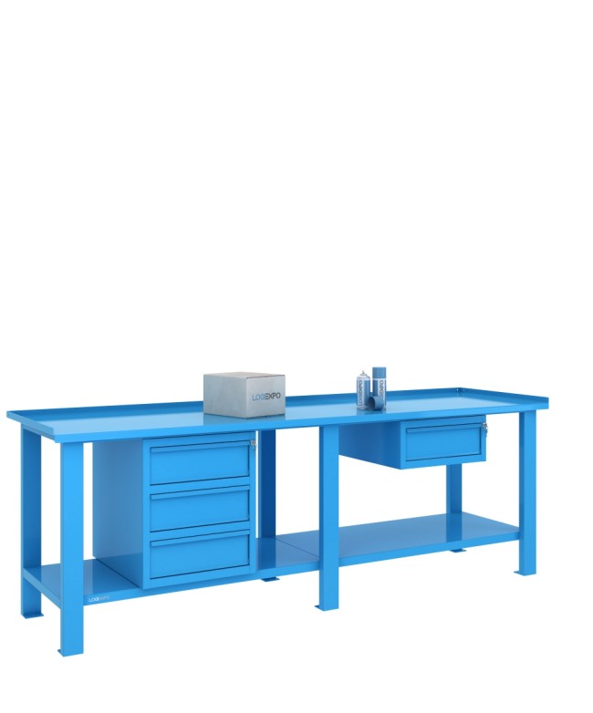 Tavolo da lavoro per officina 2500x700 con quattro cassetti in due moduli, colore Blu
