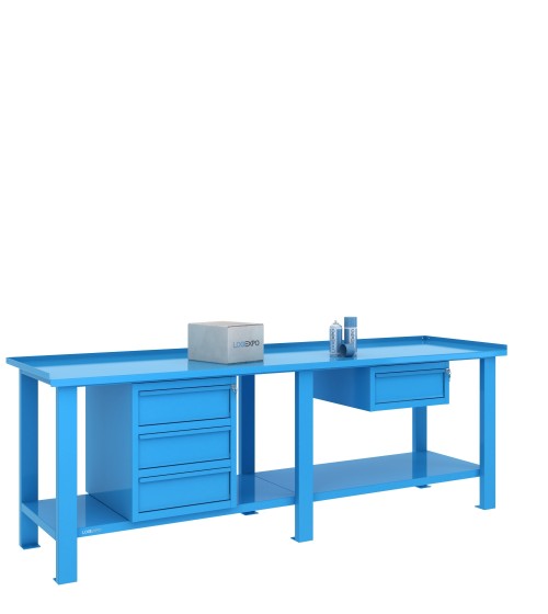 Tavolo da lavoro per officina 2500x700 con quattro cassetti in due moduli, colore Blu