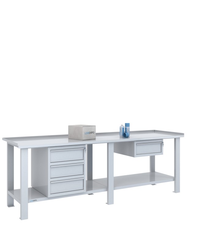 Tavolo da lavoro per officina 2500x700 con quattro cassetti in due moduli, colore grigio chiaro